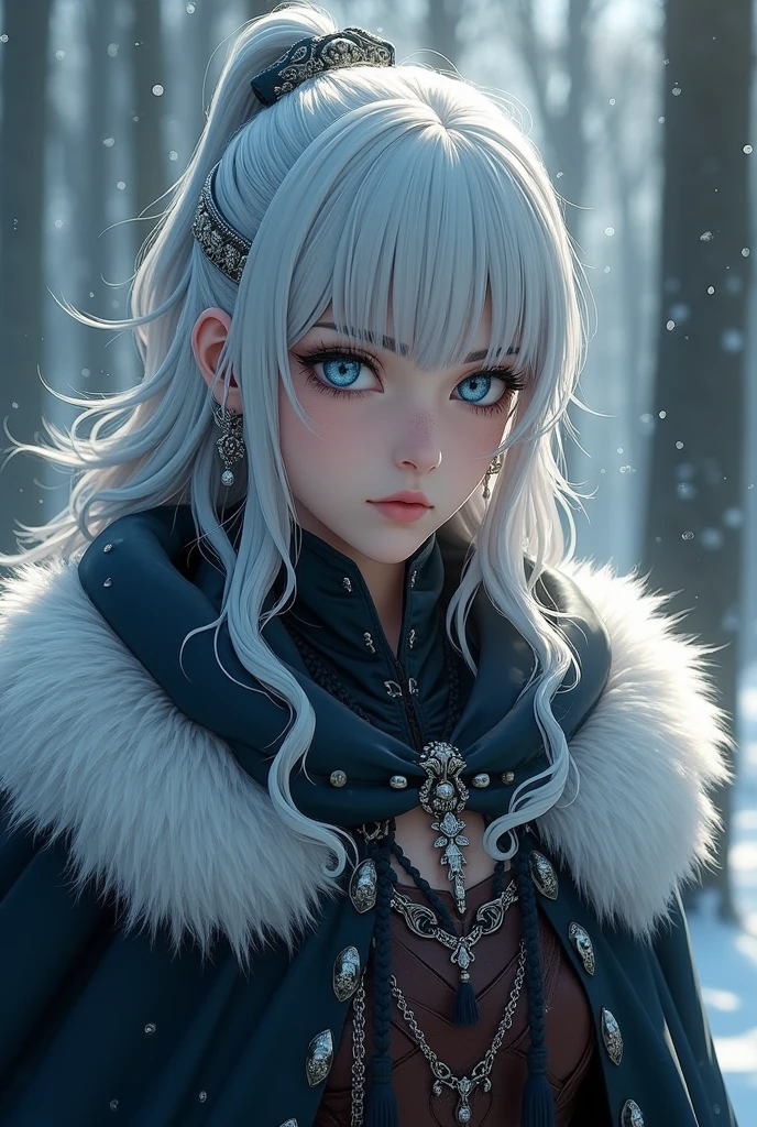 Frozen, misty Forest, ancient being, winter, snow, winter witch pale skin, purple eyes, eyes in the fog, regal appearance, cabin,