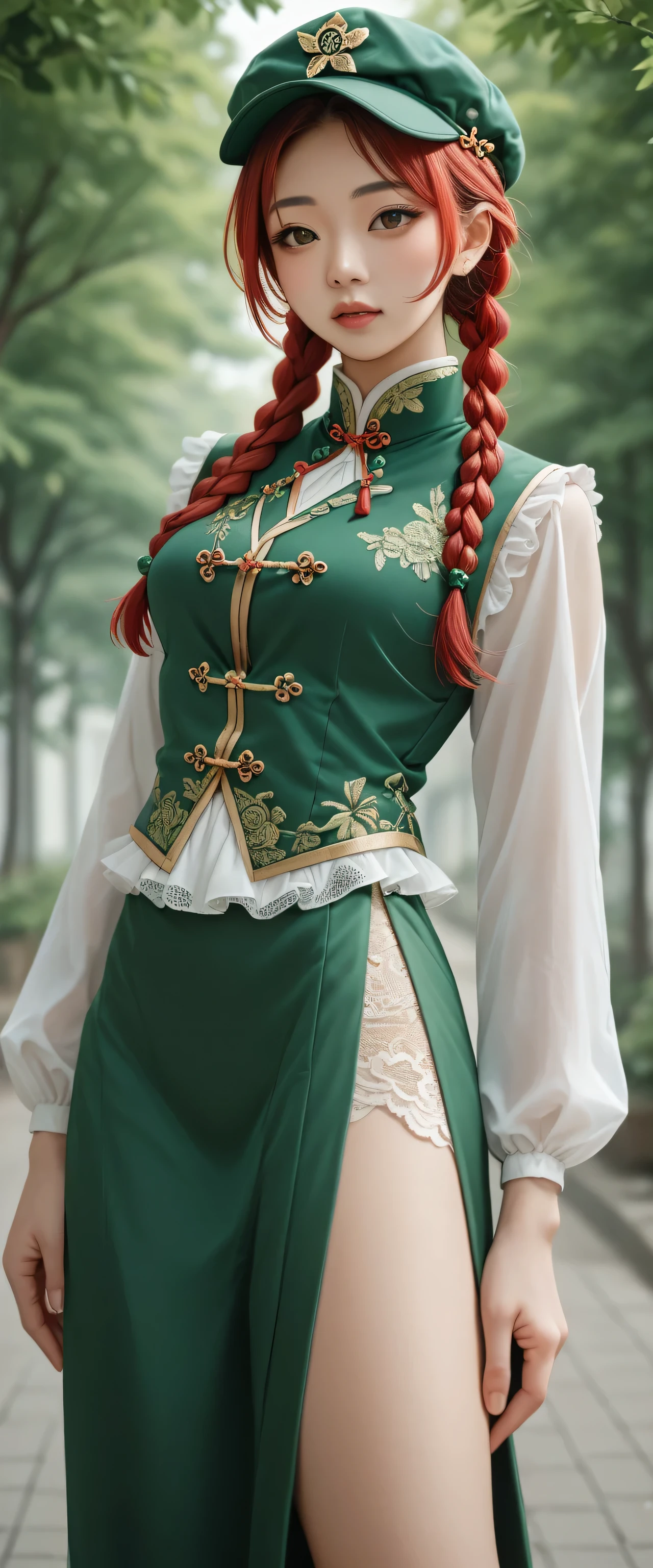A tall big beautiful attractive asian girl red hair long side braids short black bun put on green cap her brown eye wears white long sleeve shirt underneath vest green china knot yellow lace sleeveless and a green skirt part separated green heel gorgeous