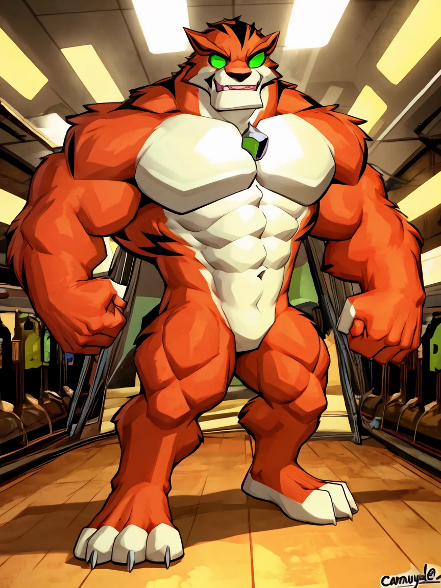 score_9, score_8_up, score_7_up, score_6_up, score_5_up, score_4_up,best quality,1boy,solo,muscular male,hi res,8k hd,looking at viewer,arms_raised,(by cartoon-network,by kamyuelo:1.2),masterpiece,best quality,(rath_(ben_10),orange skins):0.9,solo,hi res,8k hd,((nudiest:1.7)),(((green eyes,no pupils:1.7))),full body shot,((show legs&feet)),detailed background((flawless design)),(((rugged body,wide_legs,wide_feet,big muscular,better eyes,better pupils,better hands,better fingers,better fist))),standing,((showing off his undefined back)),one-arm raising,SFW