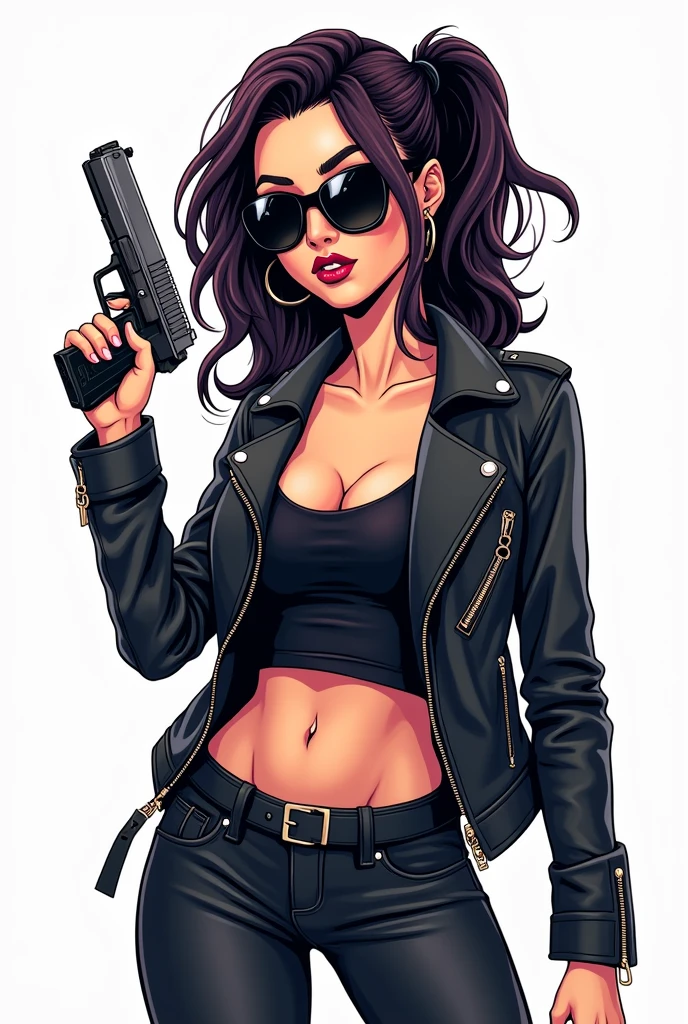 there are two women in black outfits with guns and a woman in a pink top, smoking and holding a gun, aeon flux style, vector style drawing, two different characters, furious dark haired women, stylized urban fantasy artwork, in style of digital illustration, detailed 2d illustration, in style of kar wai wong, drawn in a neo - noir style --auto --s2