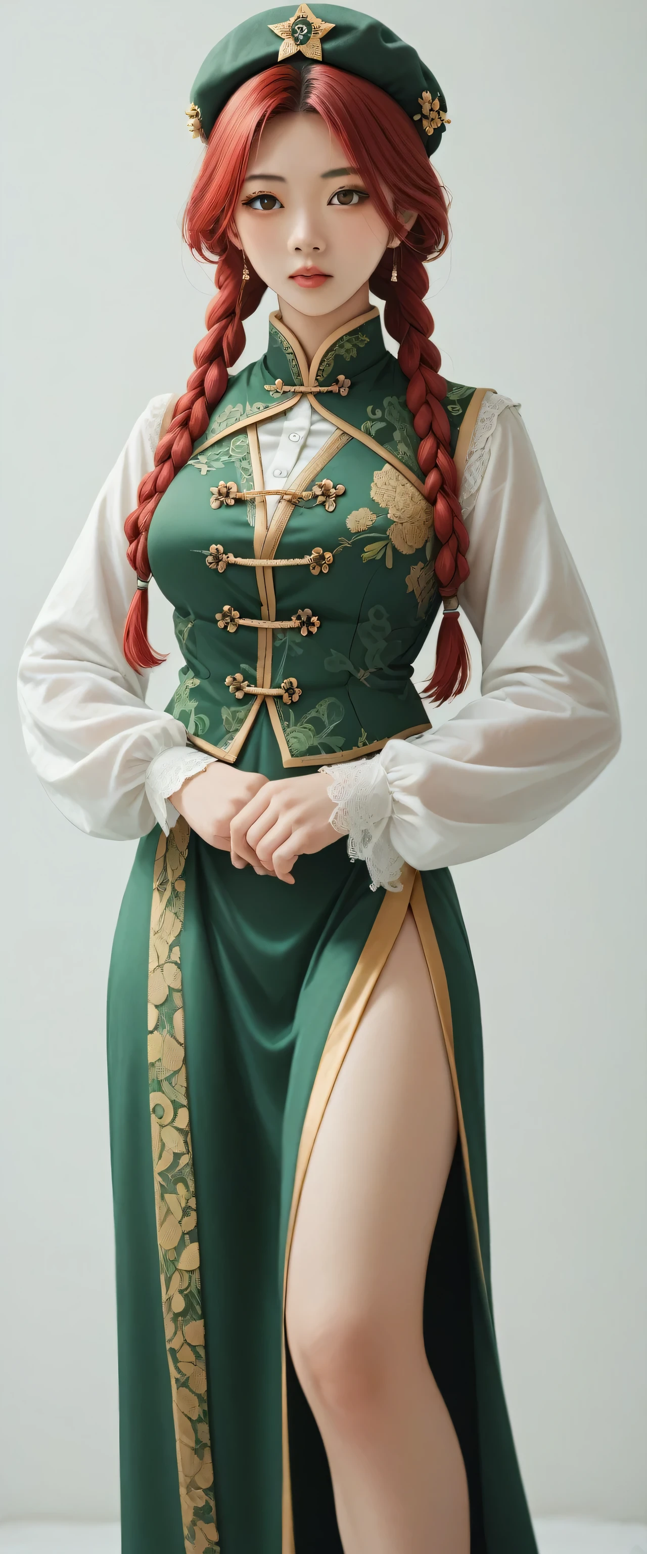 A tall big beautiful attractive asian girl red hair long side braids short black bun put on green cap her brown eye wears white long sleeve shirt underneath vest green china knot yellow lace sleeveless and a green skirt part separated green heel gorgeous
