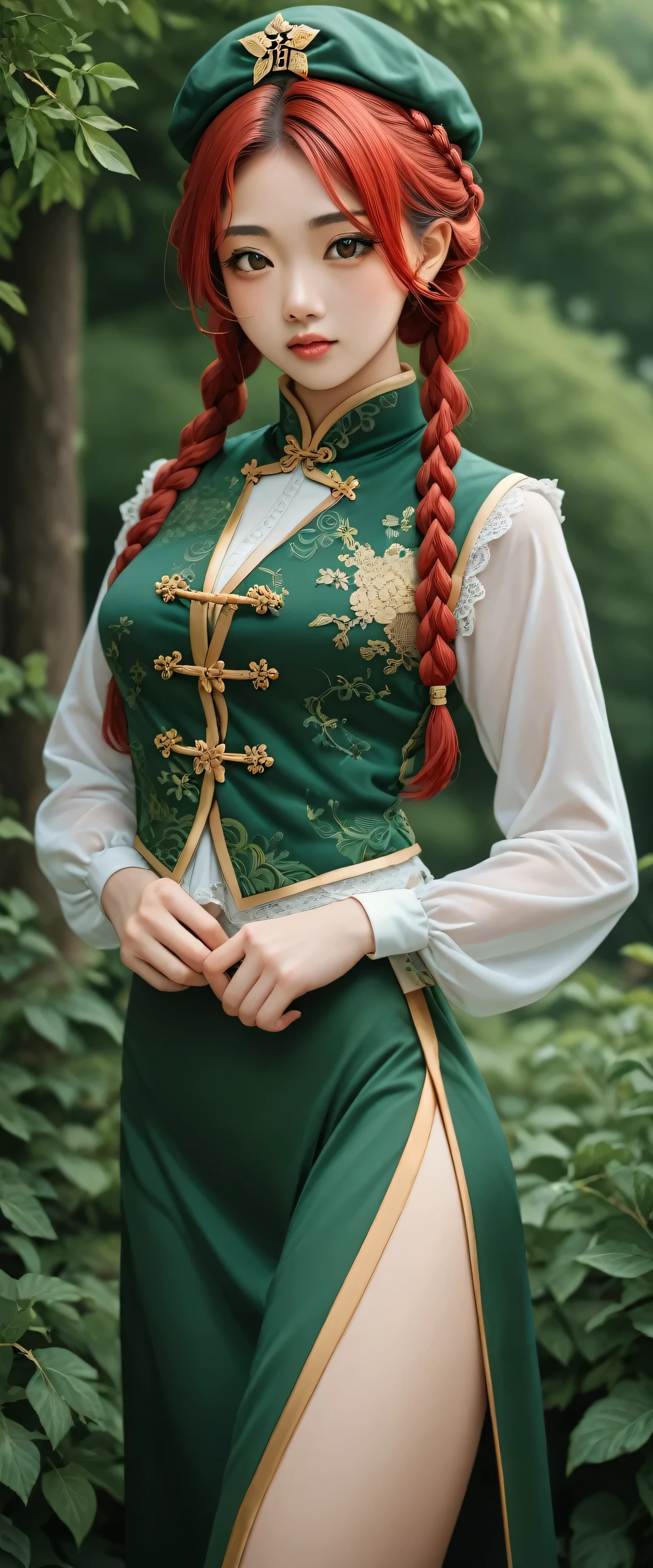 A tall big beautiful attractive asian girl red hair long side braids short black bun put on green cap her brown eye wears white long sleeve shirt underneath vest green china knot yellow lace sleeveless and a green skirt part separated green heel gorgeous
