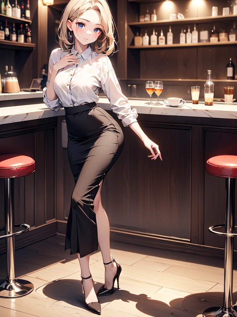 NSFW,(Natural finger shape:1.5),((Full Body Shot,Including face)),Standing position,4K,masterpiece,((Focus on the face)),((Symmetrical facial features)),Eye for detailed depiction,Beautiful woman,Excellent style,Beautiful feet,(Small Ass,Thin thighs),(Patterned black stockings:2,High heels),Facial detailing,Small earrings,necklace,Low angle photo,((camisole,Tight Skirt)),(A scene of people having a conversation in a cafe:2),Strong sunlight,,(((Lean your body back and sit on the ground))),Blonde