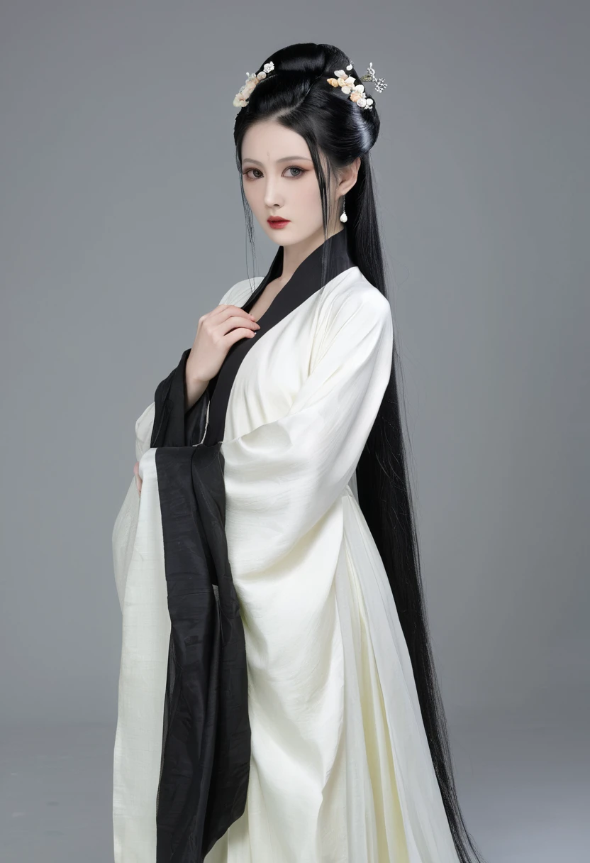 A woman with black hair and white skin,Black Hanfu，Full body image