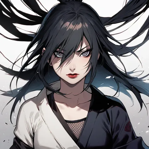 female version of sasuke from naruto series , long black hair, rinnegan eyes and sharingen eyes