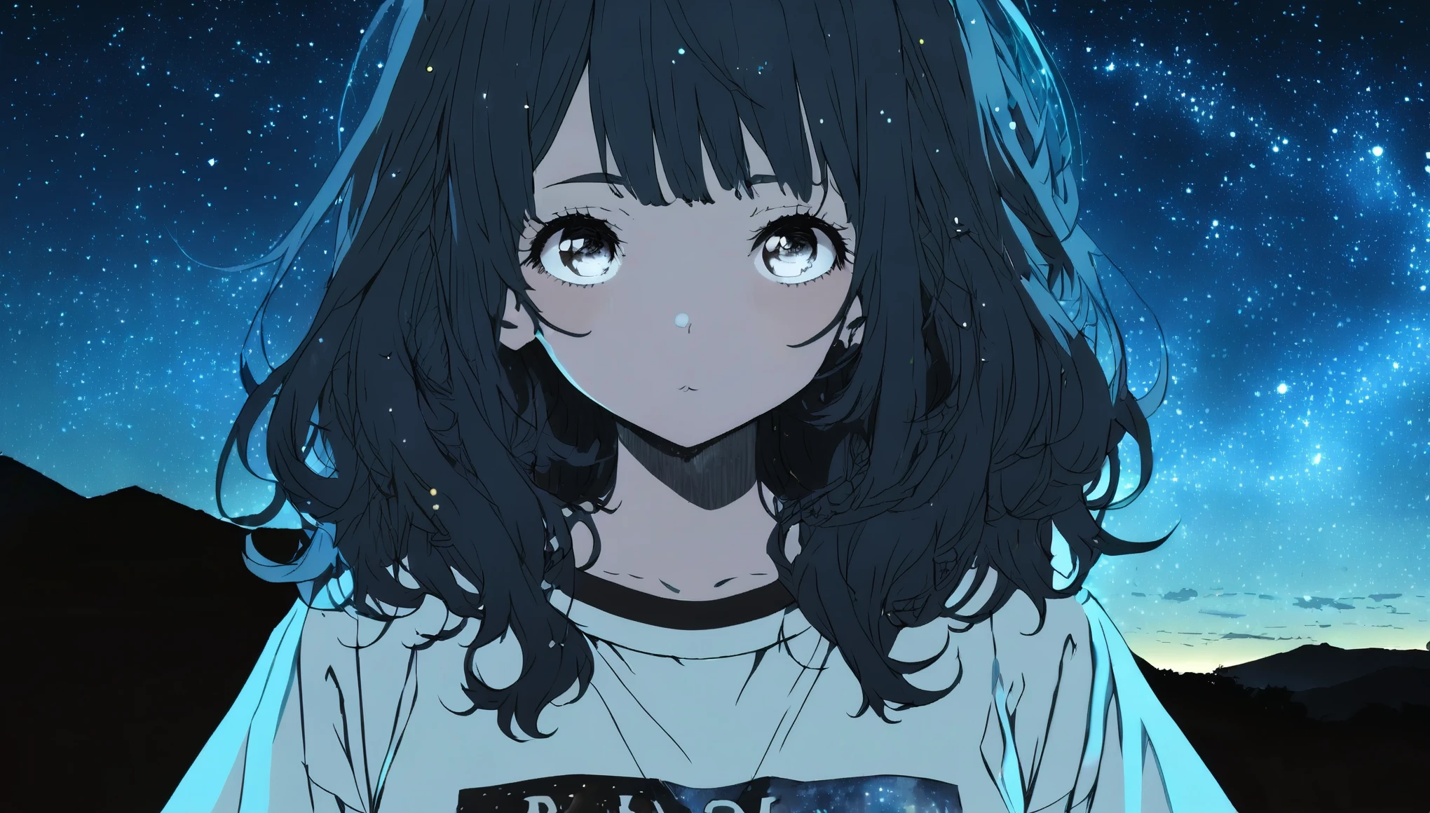 Extremely detailed 8K CG, Very detailed:1.3, Very delicate and detailed face:1.3, (Absurd, texture, masterpiece), Pop Art, pixiv Contest Winner, by Posuka Demizu,Kyoto as background,Beautiful woman, Starry sky inner hair,Dark aesthetic,Euphoric,Oversized T-shirt,