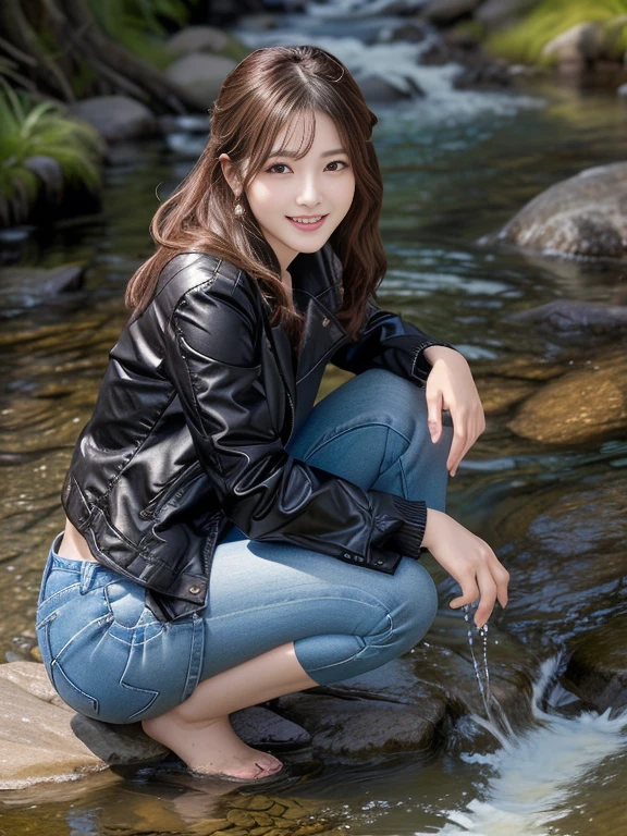 Photo-realistic quality、A woman wearing a black jacket and jeans、Crouching on a rock in the stream,  Shining in the flowing stream, Squatting near water,Water scooped up in the hand is running down the hand、looking at the camera、Detailed and beautiful eyes、Cute smile、A soft and gentle look