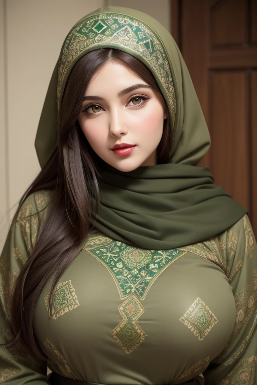  Miniature model of a Woman She wears Islamic clothes with the Islamic hijab , curvy body,high face quality,green eyes, red lips,huge longest red hair with very largest red hair,perfect face, Ultra-realism, Details, 8K, High quality, Full HD