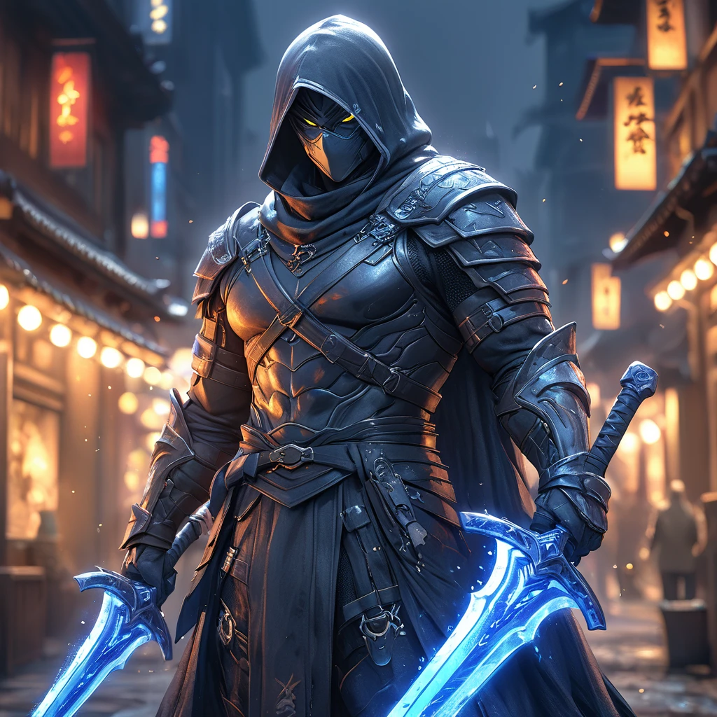 1 boy, solo, blue highLight, ninja clothes, looking at viewer, night city, expressionless, muscular, holding two swords, best quality, 4k, 8k, highres, masterpiece:1.2, ultra-detailed, realistic, photorealistic:1.37, HDR, UHD, studio lighting, ultra-fine painting, sharp focus, physically-based rendering, extreme detail description, professional, vivid colors, bokeh, portraits, concept art