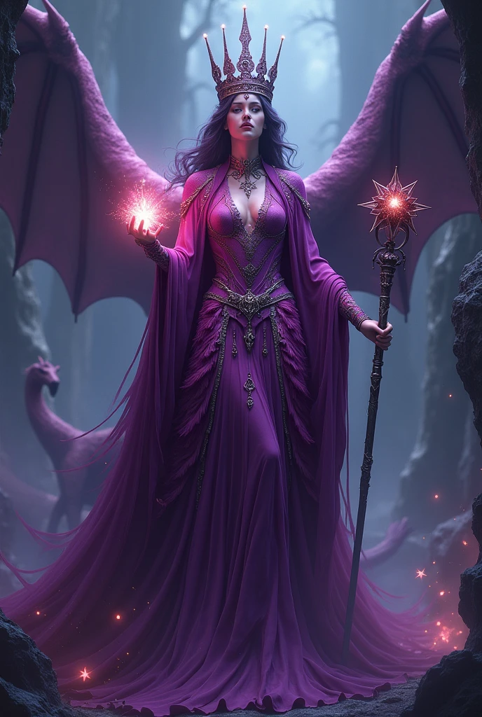 (masterpiece, photorealistic:1.4, extremely intricate:1.3), (photon mapping, radiosity, physically based rendering, ultra resolution, hyper-realistic, photorealistic:1.4, hyper-realistic, 8K), (((blonde buxom Sylph, large breasts))) purple black sorceress, staff raised, shadow power