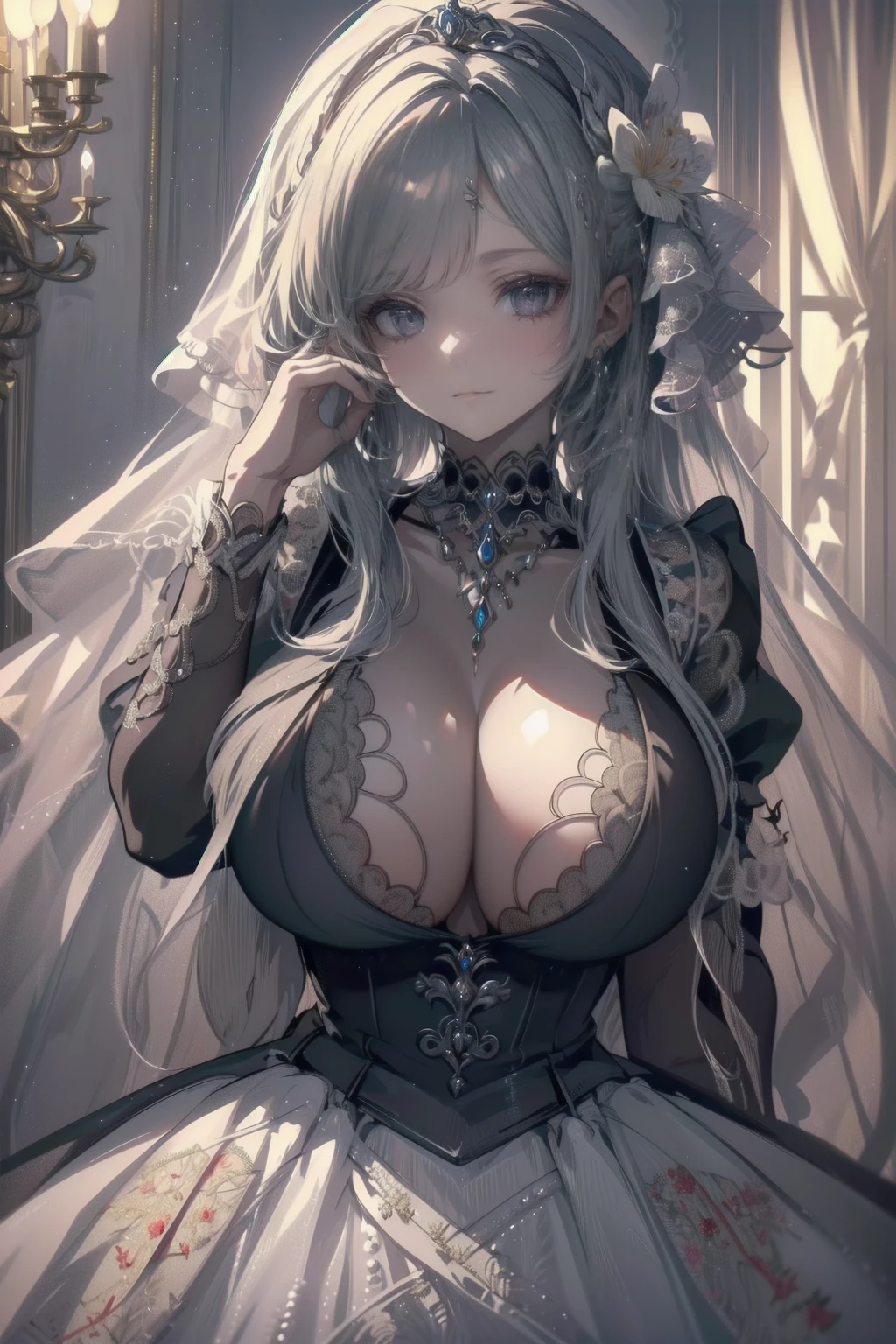 ((Moe anime art style)),((masterpiece)),(Highest quality),((Super Detail)),((Very delicate and beautiful)),((alone)),whole body,((whole body portrait)),(((1 bling-bling Queen in beautiful embroidery and jeweled gorgeous rococo ballgown with voluminous full length crinoline hoop skirt))),(((((Crazy huge boobs))))),(((Deep valley))),Skin Dentition,(Detailed face and eyes),Jewel-like eyes,((crinoline,Long train,Beautiful embroidery and lace)),super detailed voluminous gorgeous rococo ballgown with voluminous full length crinoline hoop skirt,((A gorgeous, sparkling, voluminous, rococo princess ball gown。Beautiful embroidery and jewels。)),((Very long straight hair,Lots of straight hair, Extremely long straight hair)),Very gorgeous hair ornament,((Very gorgeous large tiara)),Fine Jewelry,((beautiful embroidery and jeweled gorgeous rococo ballgown with voluminous full length crinoline hoop skirt)),whole body,(Fantasy Castle,Audience Room)