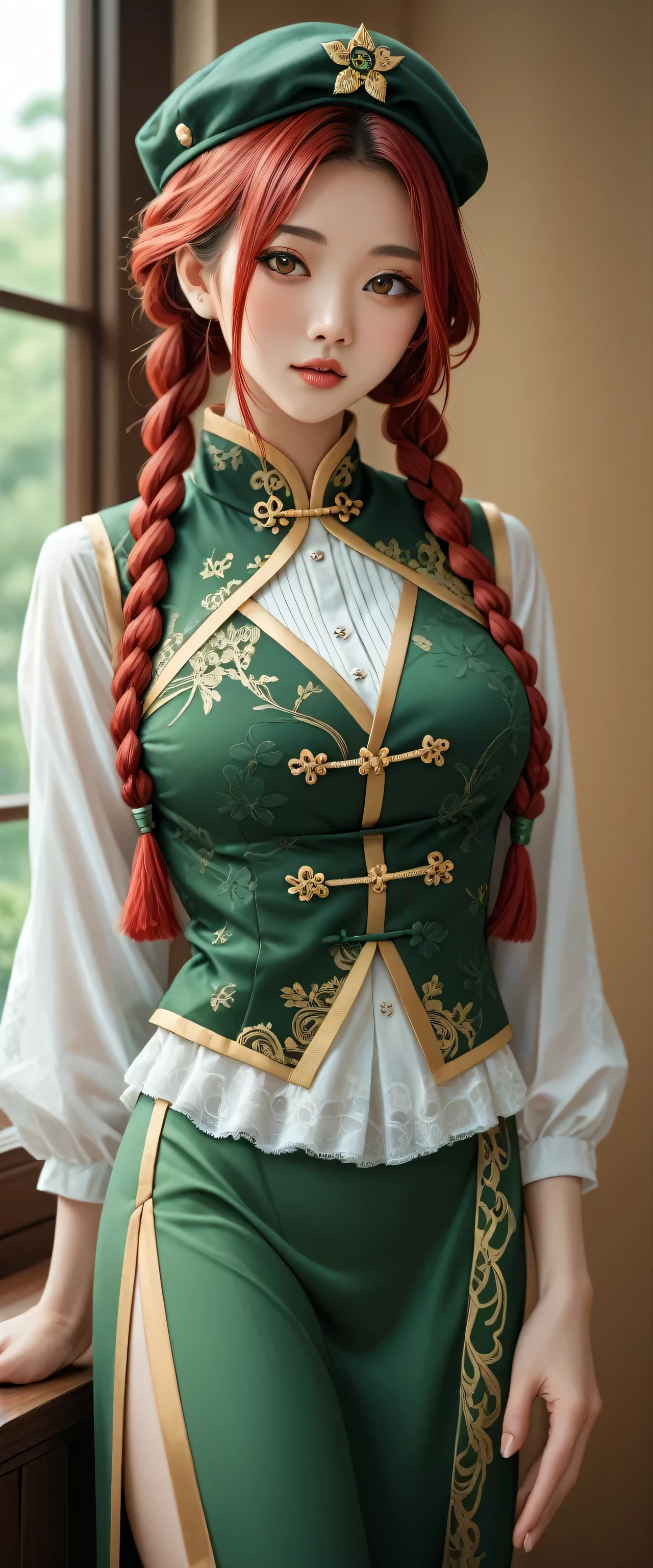A tall big beautiful attractive asian girl red hair long side braids short black bun put on green cap her brown eye wears white long sleeve shirt underneath vest green china knot yellow lace sleeveless and a green skirt part separated green heel gorgeous