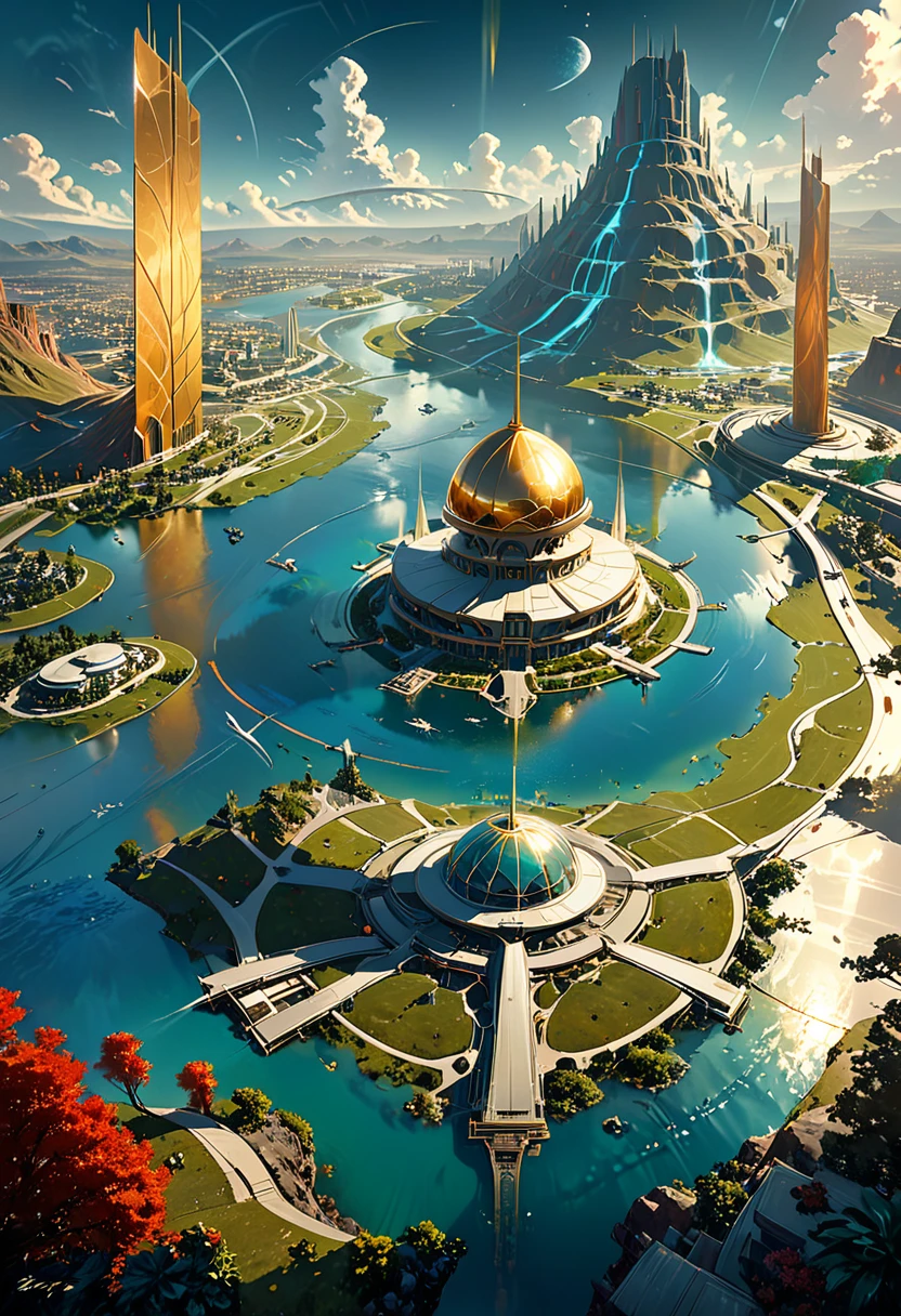 futuristic city with a golden dome and a river in the foreground, arstation and beeple highly, beeple and jean giraud, greg beeple, paul lehr and beeple, ancient sci - fi city, beautiful sci fi art, artgem and beeple masterpiece, huge futuristic temple city, by Beeple, ancient yet futuristic