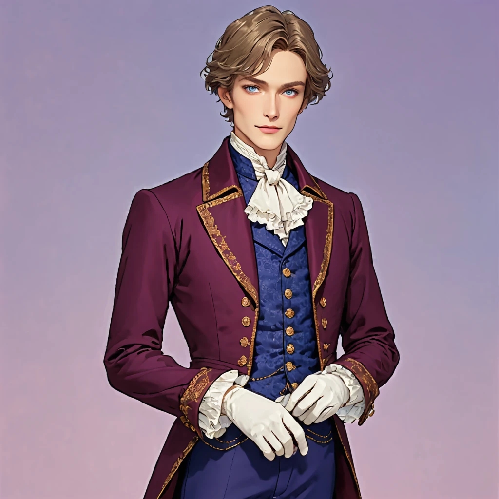 Valtor is a pale and tall man., who looks 30-3. He has long ones (to the waist) light brown hair with golden highlights, thin grey-blue eyes with dark purple eyeshadow and noticeably high cheekbones.

His clothes are in Victorian style, old-fashioned, consists of a long dark burgundy jacket with a lavender inner layer and gold pins on the folded cuffs. Underneath he wears a purple vest over a white frilly shirt., purple classic trousers, dark blue knee-length boots and matching gloves.