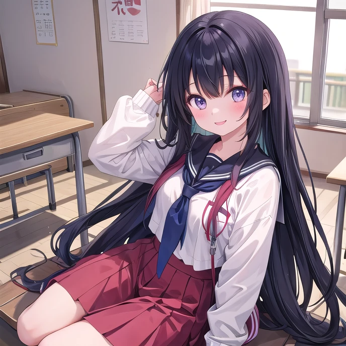 school gymnasium Inside the gymnasium 8-year-old flat chest blhair g hair eyes are purple ((1 person)) Upper body white long sleeve sailor suit Lower body navy blue mini skirt white panties white socks sports boots lying on the gym floor Open your legs slightly((white pantiesが見える)) dynamic angle Low angle focusing on the lower body