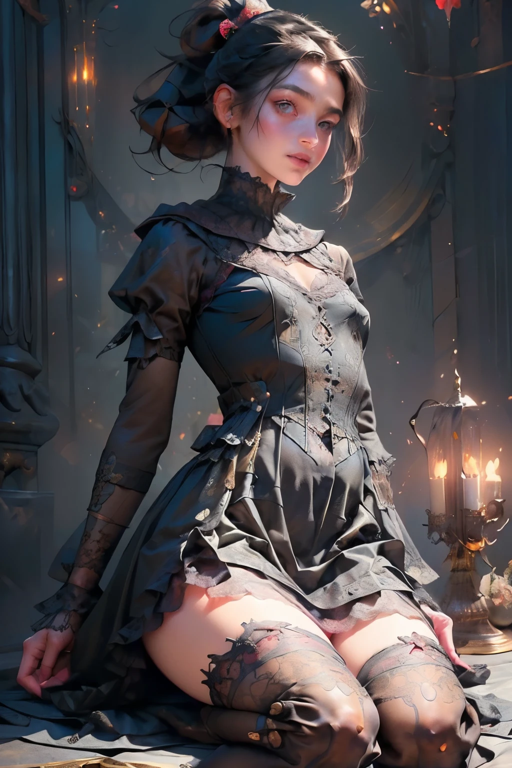 (((masterpiece, of the highest quality, super detailed))), (a witch belonging to an occult order of knights), (a blend of noble knight and occultic witch), extremely detailed cute face, intricate eyes, beautiful detailed eyes, symmetrical eyes,(((detailed face))), beautiful detailed lips, (((dark hair, long ponytail, thick ponytail, heavy ponytail))), (((Very sharp focused eyes))), ((very small breasts)), (((flat chest:0.5))), very long eyelashes, occult aesthetic, (resolved expression), resolute expression), Victorian era inspired, ((minimal but intricate beautiful armour)), (Fluttering lace flared dress with frilly petticoats), ((Bloodbourne inspired)), (red and white clothing detailed and intricate steampunk and detailed gothic), (with a hood), thigh high flared lace stockings, complex lace boots,