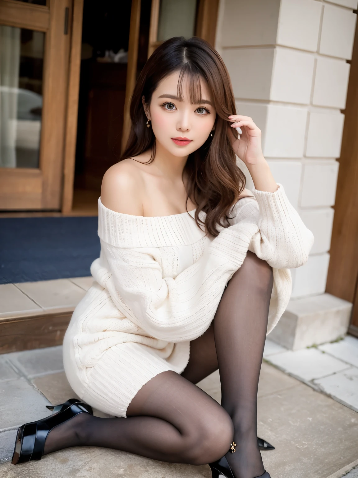 highest quality, 4K, 8K, detailed face, clean face, pretty girl, japanese woman, red lips,smile, perfect body,shoulder length straight bob hair,big breasts,thigh,slim,thin, The girl is wearing a wide mink fur coat, A beige dress was visible under the jacket., autumn, Park of autumn leaves,wearing shiny stockings,(Super realistic black stockings)