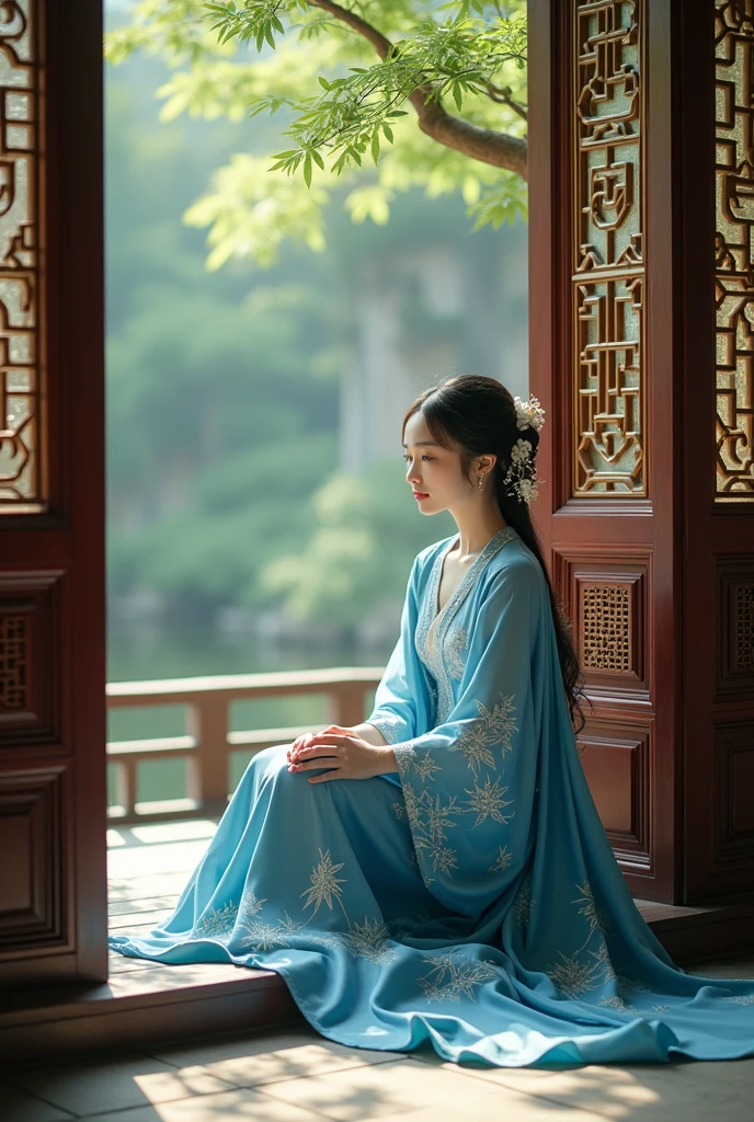araffe woman in a blue dress standing on a balcony, palace , a girl in hanfu, with acient chinese clothes, wearing ancient chinese clothes, traditional chinese clothing, inspired by Tang Yifen, white hanfu, chinese woman, inspired by Tang Yin, zhang daqian, inspired by Qiu Ying, hanfu, inspired by Dai Xi