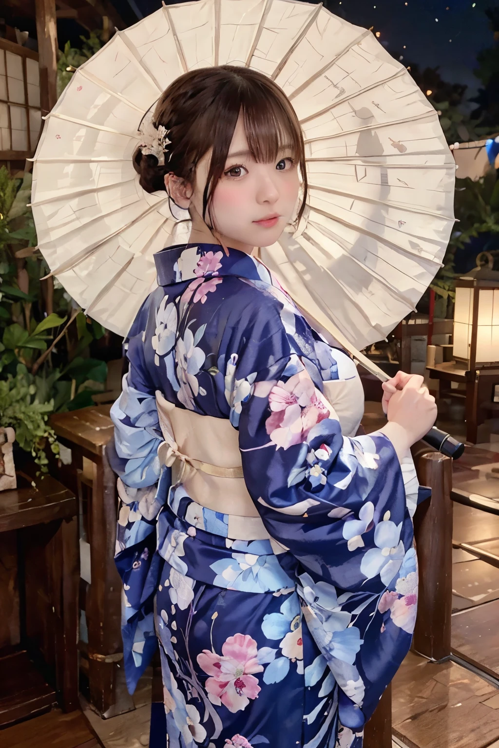 8K, RAW Photo, Best Quality, Masterpiece, Realistic, PhotoRealistic, Extremely Detailed 8K Wallpaper, Beautifully Detailed Eyes, Finely Detailed Face, 
 BREAK 
Cinematic Lighting, 
 BREAK 
Early Night, Light Raining Dark Temple, 
 BREAK 
5 Beautiful Thin Finger:1.0, Perfectly Anatomically Correct:1.0, 
 BREAK 
1 Girl, (wearing kimono_clothes, holding umbrella), 
Symmetrical Chocolate Colored Clear Eyes:1.0, Captivating Eye Reflections:1.0, 
Japanese Geta:1.2, 
Very Short Hair Bun:1.2, Kawaii, Open Mouse, [Lean Back], 
[Straight Face, 
Wide-Set Eyes, Tareme, Embarrassed, Blush, (Round Face, Round Chin), 
Brown Hair, High-, White Skinned, [Pouted Cheek]], 
Looking Back Viewer, 
[Medium Buttocks Upturned:1.0, Beautiful Ideal Spherical Shape Buttocks:1.0], [Upward Facing Small Breasts:1.0], 
[Curvy Thighs, Slightly Cleavage], 
 BREAK 
SFW:1.0, 
 BREAK 
(from Behind:1.0, from Bellow:1.2, from Left Side:1.0), Bokeh:1.4