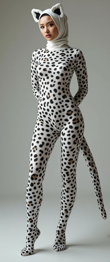 A most beautiful and thin chinese contortion girl wearing a glasses wears white leopard Lycra footed turtleneck unitard catsuit covered with seamless black leopard paterns with a leopard tail.She always wear leopard Lycra dancewear hijab-like hood with ears.She has beautiful cheeks on her face.She is my pet animal but looks like a pet animal.