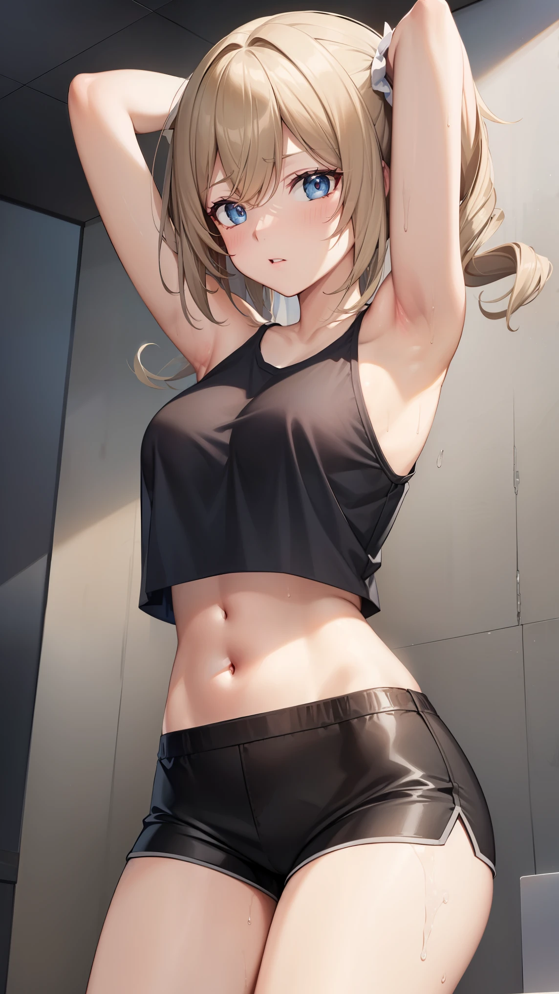 medium hair, Barbar（genshin_impact），a Curly Blonde Ponytails,
BREAK (crop top, navel, black shorts,exercise:1.2),
BREAK sexyなポーズ, perfect body, sexy, confused look, Hands in chains,, focus on armpits, Sweaty armpits, hairy armpits, fine armpits, super detailed, Bright colors,
BREAK (masterpiece:1.2), best quality, high resolution, unity 8k wallpaper, (illustration:0.8), (beautiful detailed eyes:1.6), extremely detailed face, perfect lighting, extremely detailed CG, (perfect hands, perfect anatomy),