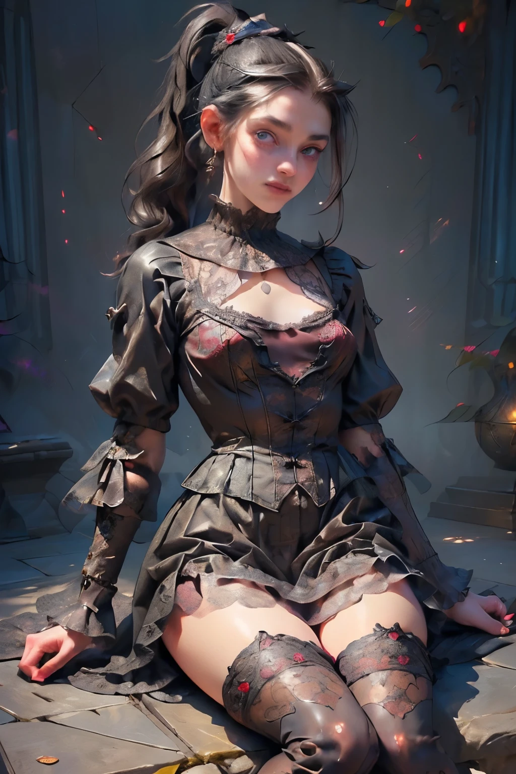 (((masterpiece, of the highest quality, super detailed))), (a witch belonging to an occult order of knights), (a blend of noble knight and occultic witch), extremely detailed cute face, intricate eyes, beautiful detailed eyes, symmetrical eyes,(((detailed face))), beautiful detailed lips, (((dark hair, long ponytail, thick ponytail, heavy ponytail))), (((Very sharp focused eyes))), ((very small breasts)), (((flat chest:0.5))), very long eyelashes, occult aesthetic, (resolved expression), resolute expression), Victorian era inspired, ((minimal but intricate beautiful armour)), (Fluttering lace flared dress with frilly petticoats), ((Bloodbourne inspired)), (red and white clothing detailed and intricate steampunk and detailed gothic), (with a hood), thigh high flared lace stockings, complex lace boots,