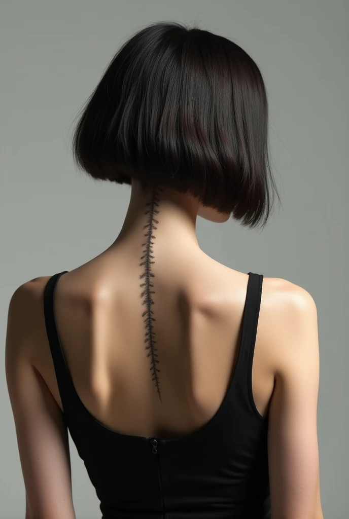 Please create a picture of a tattoo. The tattoo is supposed to be an arm made of bones. The tattoo should be placed on the back of a woman, the arm should run along the middle of the spine from the waist up to the neck. The fingertips should be placed around the neck and it should be an arm with an elbow and upper arm