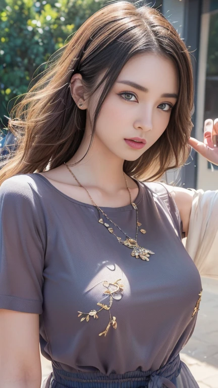 (, high resolution, Ultra Detailed, nffsw), On the table, best quality, SAMA1, Tira, Sailor warrior, White gloves, Red sailor collar, Red Skirt, Star necklace, Elbow groove, Pleated Skirt, Bare legs, Purple bow, Cowboy photoshoot, outdoor, Bokeh (85mm lens), Front camera, Gentle expression, wind blowing hair, fluffy hair, hair ((Brown)), Ponytail, Casual hairstyles, Blonde hair, Mole under left eye, Perfect body, Big breasts, Large Breasts, Top quality wearing hair ribbons, Earrings of top quality,
