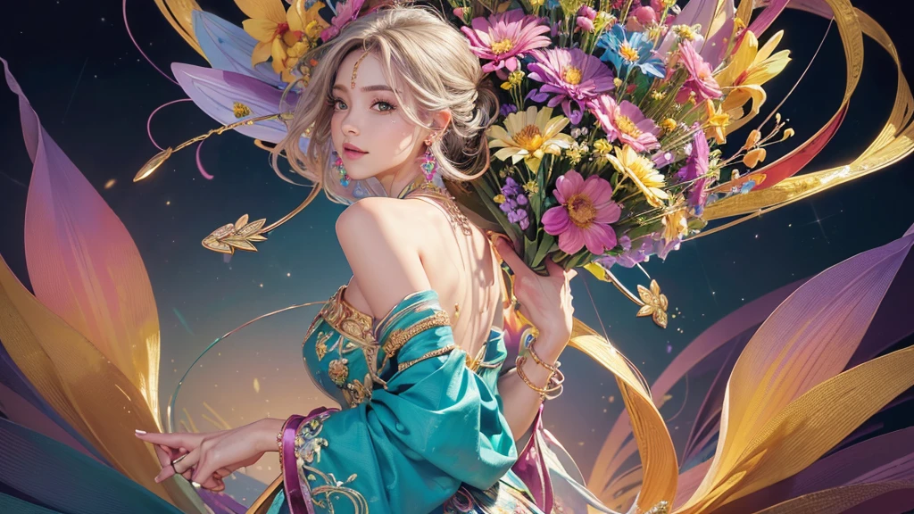 32K, 最高quality, 最高masterpiece, (ultra-Detailed Background, Detailed Background), Absurd, High resolution, Super detailed, Very detailedな, One girl, (bouquet:1.3), (Tangled:1.2), (Geometric:1.2),(colorful),(masterpiece, quality, best quality, Official Art, Beautiful and beautiful:1.2), (1 girl:1.3), Very detailed,(colorful:1.1)(Flowers:1.3),Most detailed,(Tangled:1.2), whole body, (Abstract background:1.3), (Skin glows), (Many colors:1.4), ,(Earrings Jewelry:1.5), Pale Red Background,