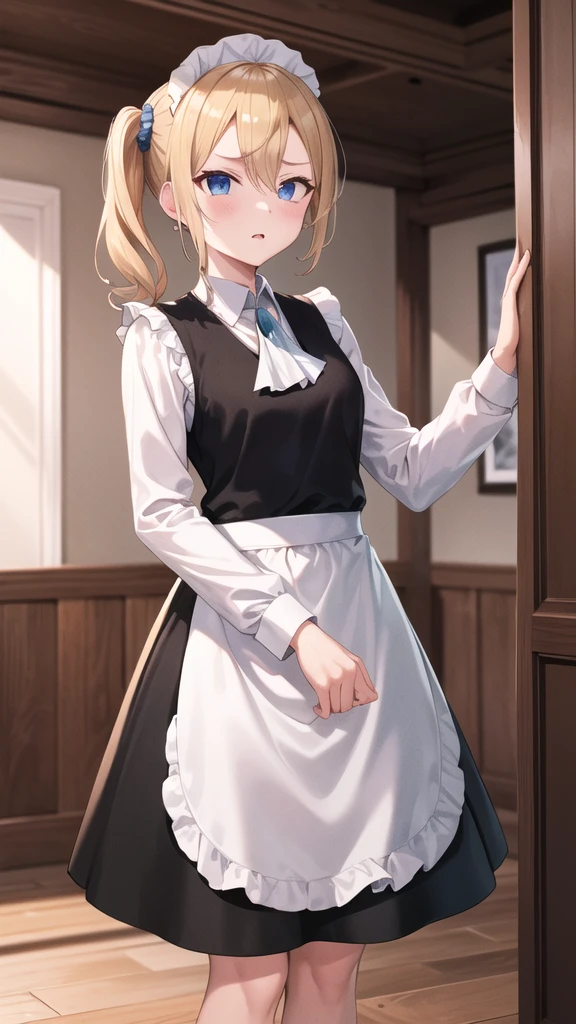 ((disgust)),masterpiece, Highest quality, High resolution, Ah Hayasaka, Side Ponytail, Medium chest, Ascot, Collared shirt, Black vest, Long sleeve, Maid Apron, skirt, indoor, Are standing, Cowboy Cowboy Shots,