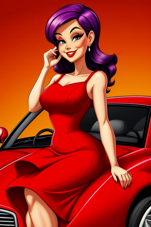 a cartoon of a woman in a red dress sitting in a purple car, caricature style, caricature illustration, cartoon art style, in cartoon style, cartoon style illustration, cartoon style, cartoon digital art, cartoon digital painting, Cartoon art style, stylized digital illustration, in digital illustration style, digital art cartoon, caricature, caricature!!!, cartoon portrait, cars portraits