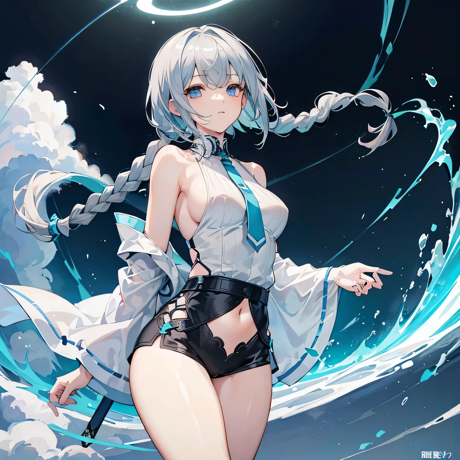 Light blue hot pants 1.8、((Highest quality)), ((masterpiece)), (detailed), Young,Slim body,1 girl 1.3, ((Gray Hair))(Braided shortcuts)Sky Blue Eyes、Anatomically correct 1.4、Put a long black robe over your shoulders 1.6、White shirt、Exposed thighs、Plump thighs、Wear less revealing clothing、Lime Green Halo 1.6、Night Sky、Carrying a large sword 1.8、,Whole body 1.3、Supreme God、1 with a black and yellow-green aura.8、