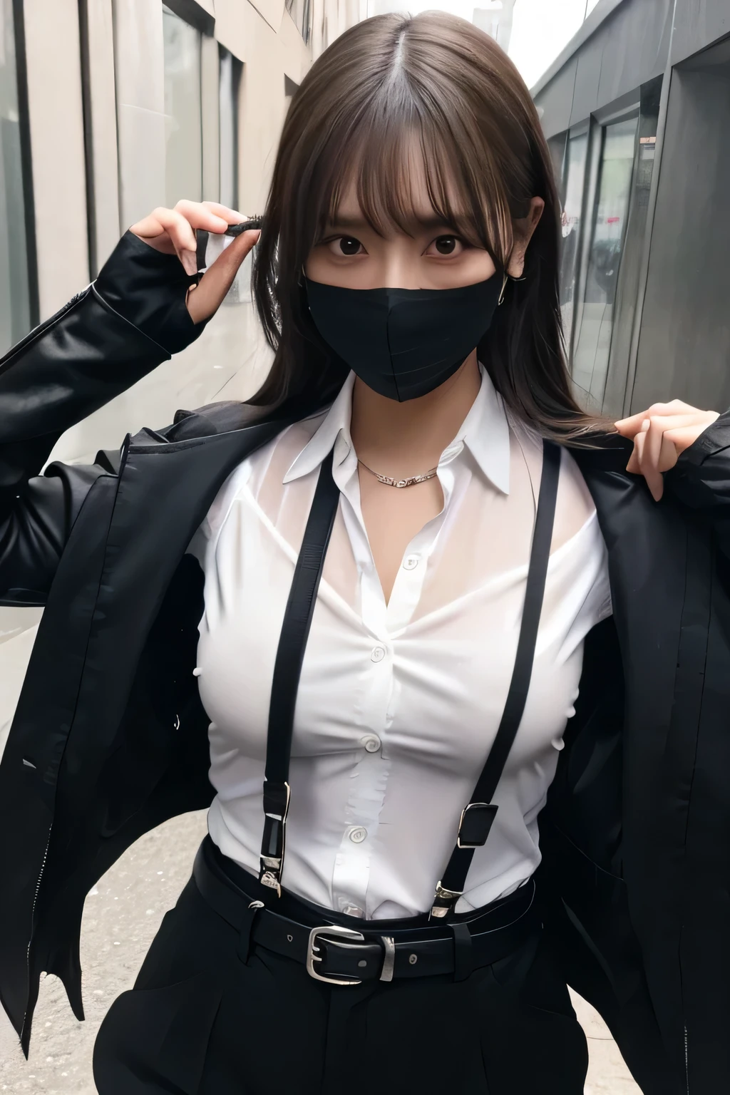 a woman in a suit, belt, hands behind back, sweating, suspenders, black pants, sexly, large breasts, see-through clothing, rain, detective, office worker, white button-up shirt, (best quality,4K,8k,highres,masterpiece:1.2),ultra-detailed,(realistic,photorealistic,photo-realistic:1.37),hyper-detailed,highly detailed face and body, Slender　thin　suspenders　Moderate breasts　See-through shirt　Nipples　holster　chain　Pistol　Armament　criminal　Female criminal　knife 　black mask
