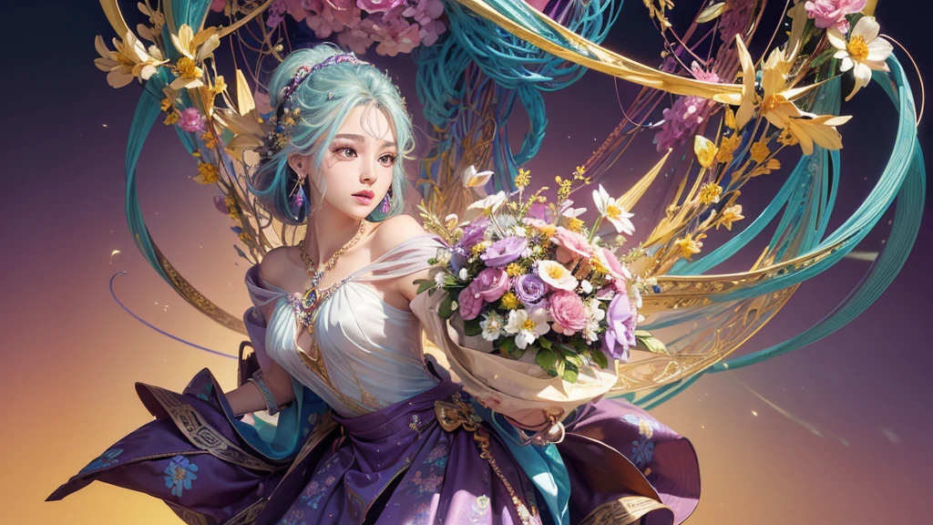 32K, 最高quality, 最高masterpiece, (ultra-Detailed Background, Detailed Background), High resolution, Super detailed, Very detailedな, 1 personの, (bouquet:1.3), (Tangled:1.2), (Geometric:1.2),(colorful),(masterpiece, quality, best quality, Official Art, Beautiful and beautiful:1.2), (1 person:1.3), Very detailed,(colorful:1.1)(Flowers:1.3),Most detailed,(Tangled:1.2), whole body, (Abstract background:1.3), (Skin glows), (Many colors:1.4), ,(Earrings Jewelry:1.5), Light blue and gradient background,