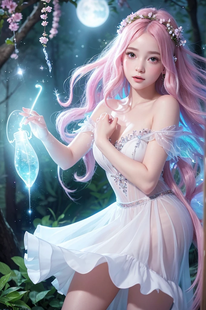 girl sitting on draped fabric in shimmering water, blond long curly hair with turquoise highlights, pigtails brown eyes, youthful face, pink sparkle sheer draped dress, soft pastel light, sad crying tears facialexpression, bruised face, white sheer pantyhose, blushing cheeks, pink lipgloss, blurry fairylights in background, glitter sparkly bokeh effect, orange gradient background, fairywings, shy pose, silver princess tiara, blue shimmer, rainbow light backlit, soft edges, soft colors, angelic face, innocent doll eyes, hugging pegasus, straight forward angle, moonlight, ancient temple in background with vines and butterflies, waterfall, floating candlelights
