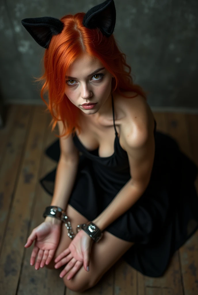 Redhead woman tied with chains in the darkness alone