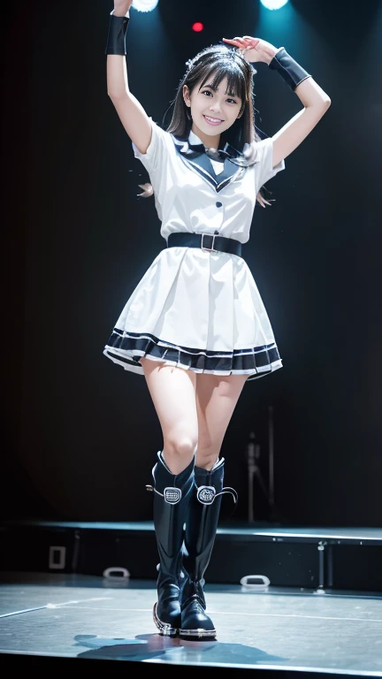 masterpiece, Highest quality, Absurd, Perfect Anatomy, 4K, 8K, anime key visual, Official Art, (anime:1.2), (figure:0.9), (Beautiful attention to detail), (Nice hands, Perfect Anatomy, Perfect hands, Perfect Fingers), (2020s anime \(style\):0.9),
One girl, alone,Black Hair Natural Light, Cinema Lighting, Complex shadows, High resolution, Volumetric lighting, Highly detailed background, (indoor, Stadium:1.2),
(smile, Open your mouth:0.9), View your viewers, (Dynamic Angle, Dutch Angle:1.2), (Depth of written boundary:1.5), zettai ryouiki, (close:1.1),
(From below:1.2)
(Mid-chest:1.2), BREAK White Knee Boots
(Idol_Costumes, Idol), (stage:1.3), (stage lighting, stage spotlight, Lens flare:1.1), (Particles of light:0.3)
(Stand on the stereo:1.2)
(Holding a microphone:1.2)
Orange eyes, (antenna:1.2)