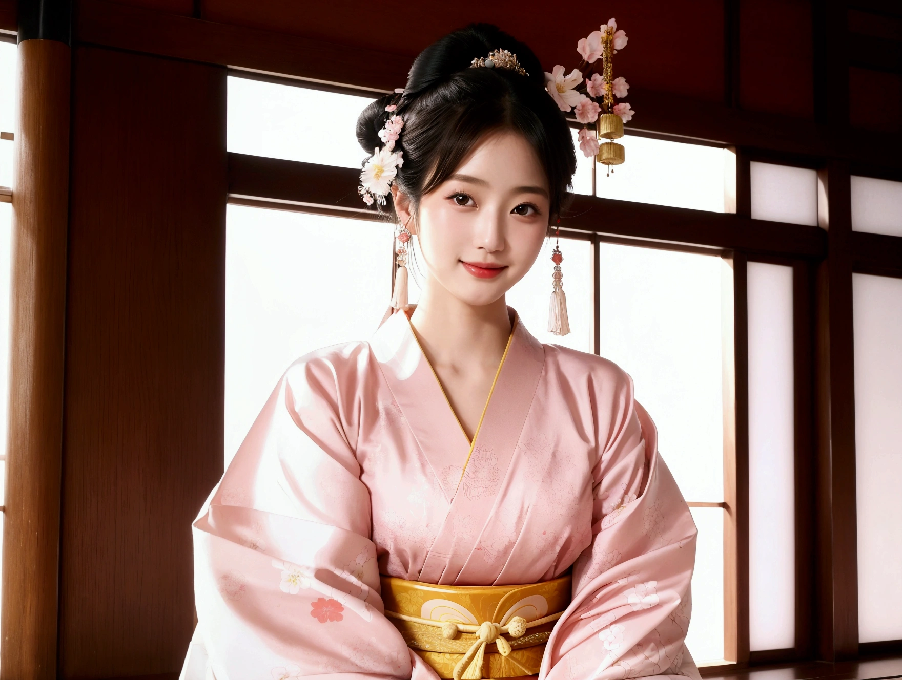 (1 person)、One person、smile、Brightly colored kimonos、Queen、goddess、Beauty、speech、In front of the audience、2、Realistic photos, Beautiful Eyes, Elegant kimono, Soft lighting, Traditional Japanese art style, Vibrant colors, Peaceful atmosphere, Delicate features, Graceful posture、She wears traditional kimonos and modern accessories.