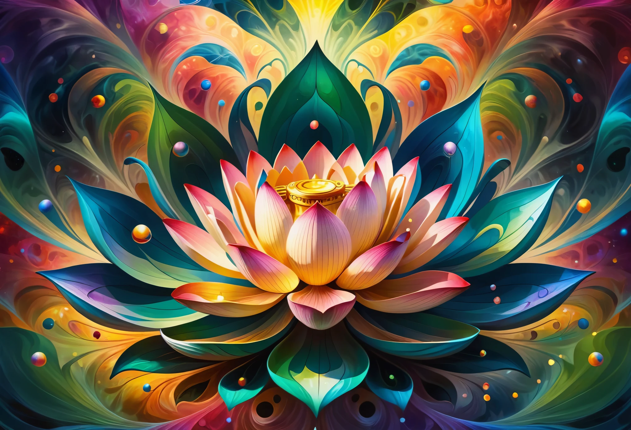 (((Stylization of lotus, Distorted world, Lotus flower emblem:1.4))), Mandala, Abundant natural energy, Energy Ripples, Distorted Grass Background, (Beautiful LSD art:1.3), Psychedelic Trance, (Crystal luminescence:1.1), Energy merges and vibrates, Digital Painting, Chromatic, Mentally ill, Mentally illアートスタイル, Psychedelic Art, colorful reflections，refraction，Background Blur, Fractal geometry, explosion of colors , LSD Trip, Psychedelic colors and shapes, Effects of LSD, Art Pop, LSD Vision, High resolution, High resolution, Attention to detail, masterpiece:1.2,