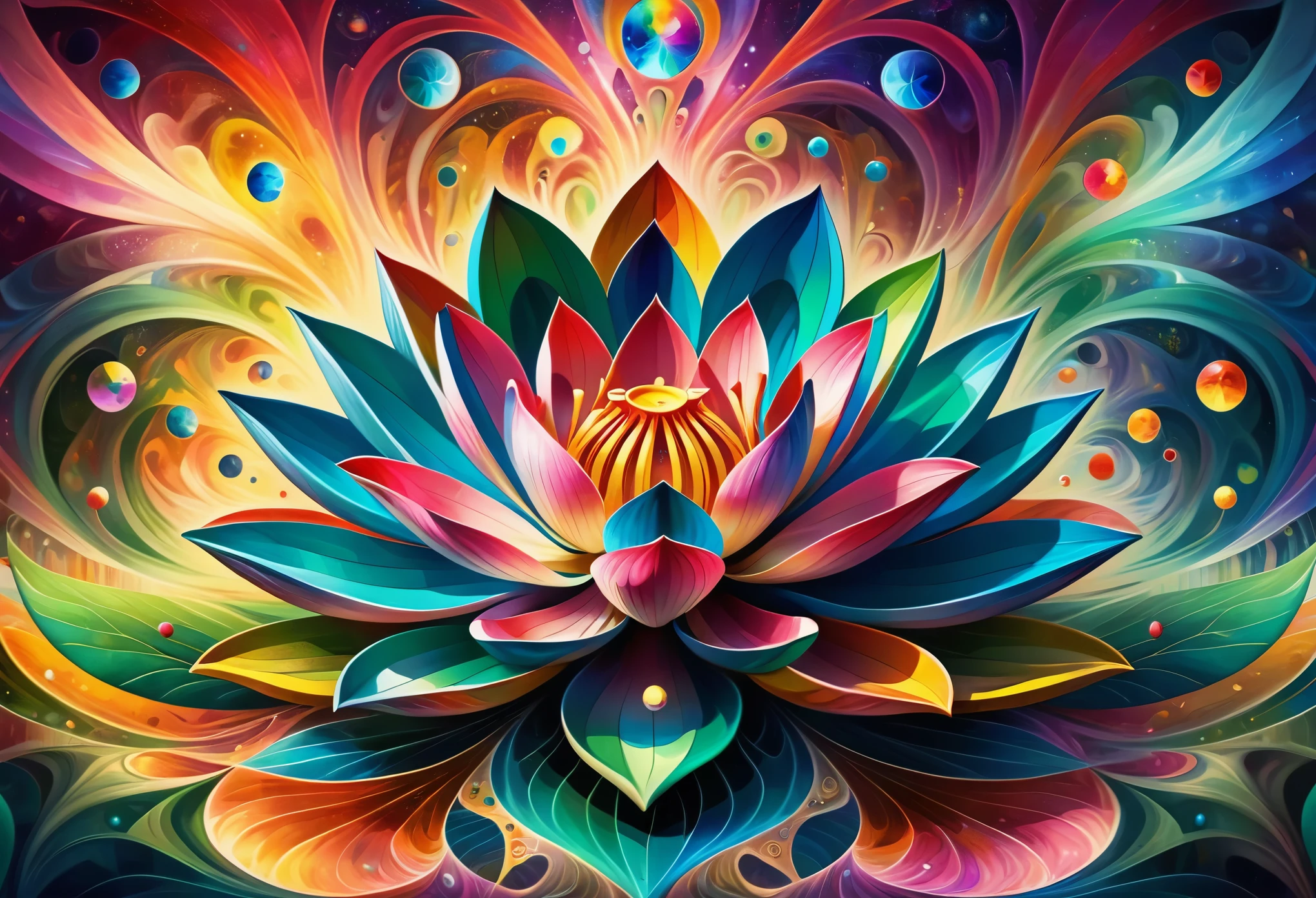 (((Stylization of lotus, Distorted world, Lotus flower emblem:1.4))), Mandala, Abundant natural energy, Energy Ripples, Distorted Grass Background, (Beautiful LSD art:1.3), Psychedelic Trance, (Crystal luminescence:1.1), Energy merges and vibrates, Digital Painting, Chromatic, Mentally ill, Mentally illアートスタイル, Psychedelic Art, colorful reflections，refraction，Background Blur, Fractal geometry, explosion of colors , LSD Trip, Psychedelic colors and shapes, Effects of LSD, Art Pop, LSD Vision, High resolution, High resolution, Attention to detail, masterpiece:1.2,