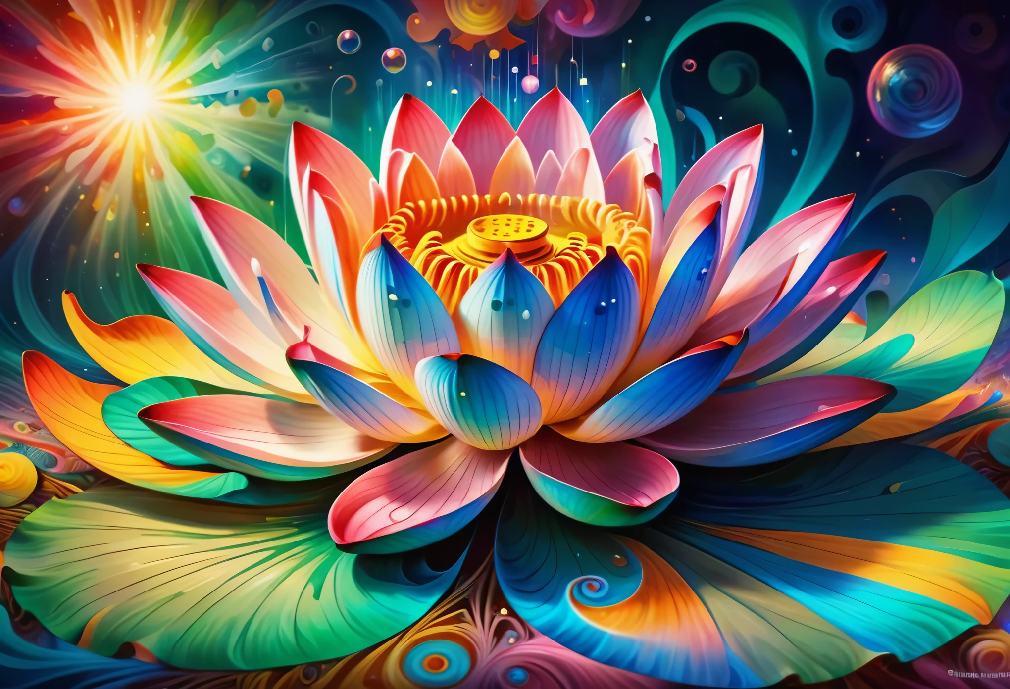 (((Stylization of lotus, Distorted world, Lotus flower emblem:1.4))), Mandala, Abundant natural energy, Energy Ripples, Distorted Grass Background, (Beautiful LSD art:1.3), Psychedelic Trance, (Crystal luminescence:1.1), Energy merges and vibrates, Digital Painting, Chromatic, Mentally ill, Mentally illアートスタイル, Psychedelic Art, colorful reflections，refraction，Background Blur, Fractal geometry, explosion of colors , LSD Trip, Psychedelic colors and shapes, Effects of LSD, Art Pop, LSD Vision, High resolution, High resolution, Attention to detail, masterpiece:1.2,