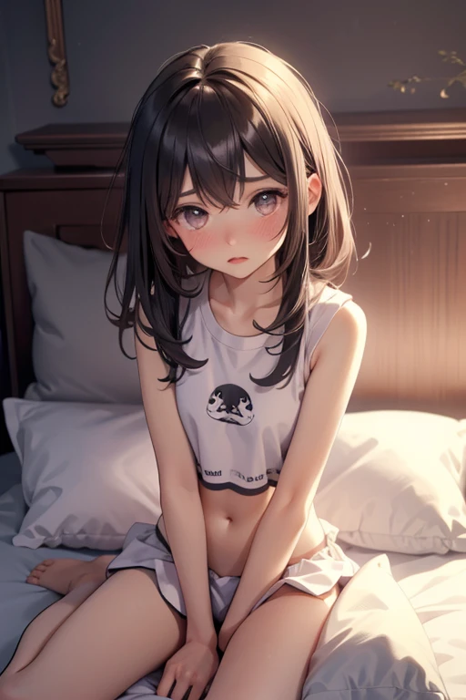 (Browsing Caution:1.2)、Beautiful girl sucks a condom、Flat Chest、Young body、Flat stomach、Embarrassing、A dreamy look、Half an eye、pajamas、Excessive sweating all over the body、My clothes are soaked with sweat、The skin is transparent、(sitting on a pillow,Straddling the pillow:1.4),(Pillow rubbing:1.7),(rubbing the crotch:1.6),Female orgasm,Pussy juice,(Out of breath,Heavy breathing,blush:1.6),(impatience:1.2),(Panicked)、(Look away from the camera、Looking down:1.5)、(Bedroom,On the bed:1.4)、Dim Light、Wide viewing angles、Condoms scattered around、(Underview)、Female acts