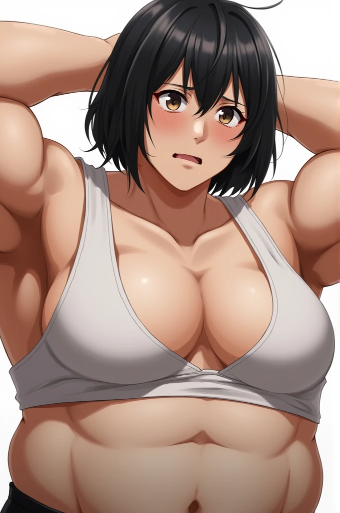 evil grin (((muscular girl large breasts thick))) pale skin black hair yellow eyes sweaty drop shadow waistup