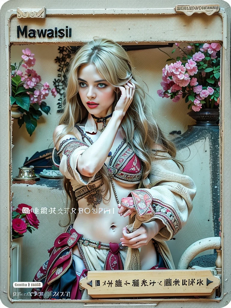 (masterpiece, Highest quality), Very detailed,  One woman, Blue Eyes, White, Brushing her hair back, ((Blonde)), Are standing, Bookshelf in the background, Soft lighting，professor，Petal-shaped collar，Bikini with a caveman-like inner