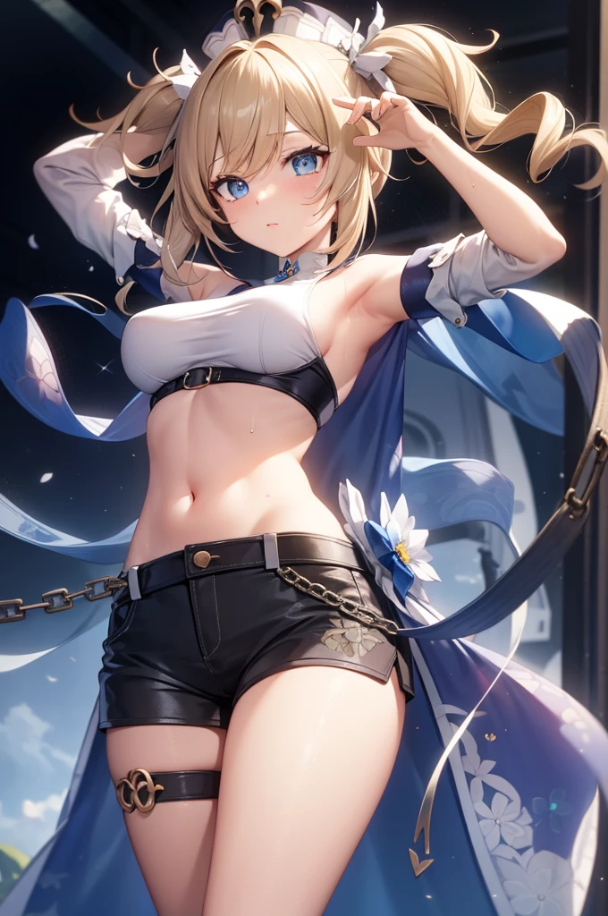 medium hair, Barbar（genshin_impact），a Curly Blonde Ponytails,
BREAK (crop top, navel, black shorts,exercise:1.2),
BREAK sexyなポーズ, perfect body, sexy, confused look, Hands in chains,, focus on armpits, Sweaty armpits, hairy armpits, fine armpits, super detailed, Bright colors,
BREAK (masterpiece:1.2), best quality, high resolution, unity 8k wallpaper, (illustration:0.8), (beautiful detailed eyes:1.6), extremely detailed face, perfect lighting, extremely detailed CG, (perfect hands, perfect anatomy),