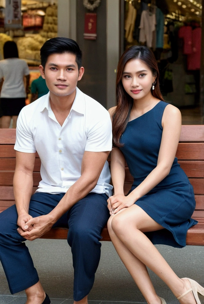 a man and a woman standing next to each other at a tourist spot in indonesia, an image, inspired by Adam Dario Keel, which is trending in the cg community, beautiful young Korean woman, naked, big breast, jeans trouser.