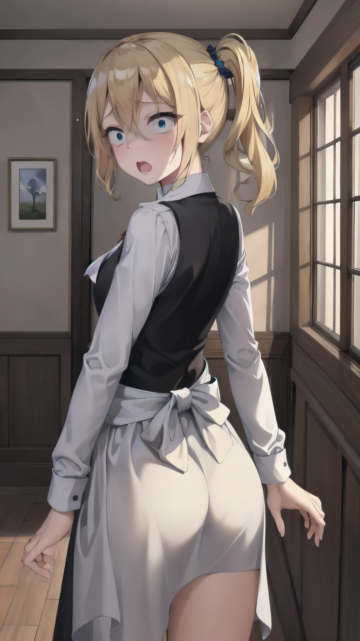 ((scared)),masterpiece, Highest quality, High resolution, Ah Hayasaka, Side Ponytail, Medium chest, Ascot, Collared shirt, Black vest, Long sleeve, Maid Apron, skirt, indoor, Are standing, Cowboy Cowboy Shots,ass pov,