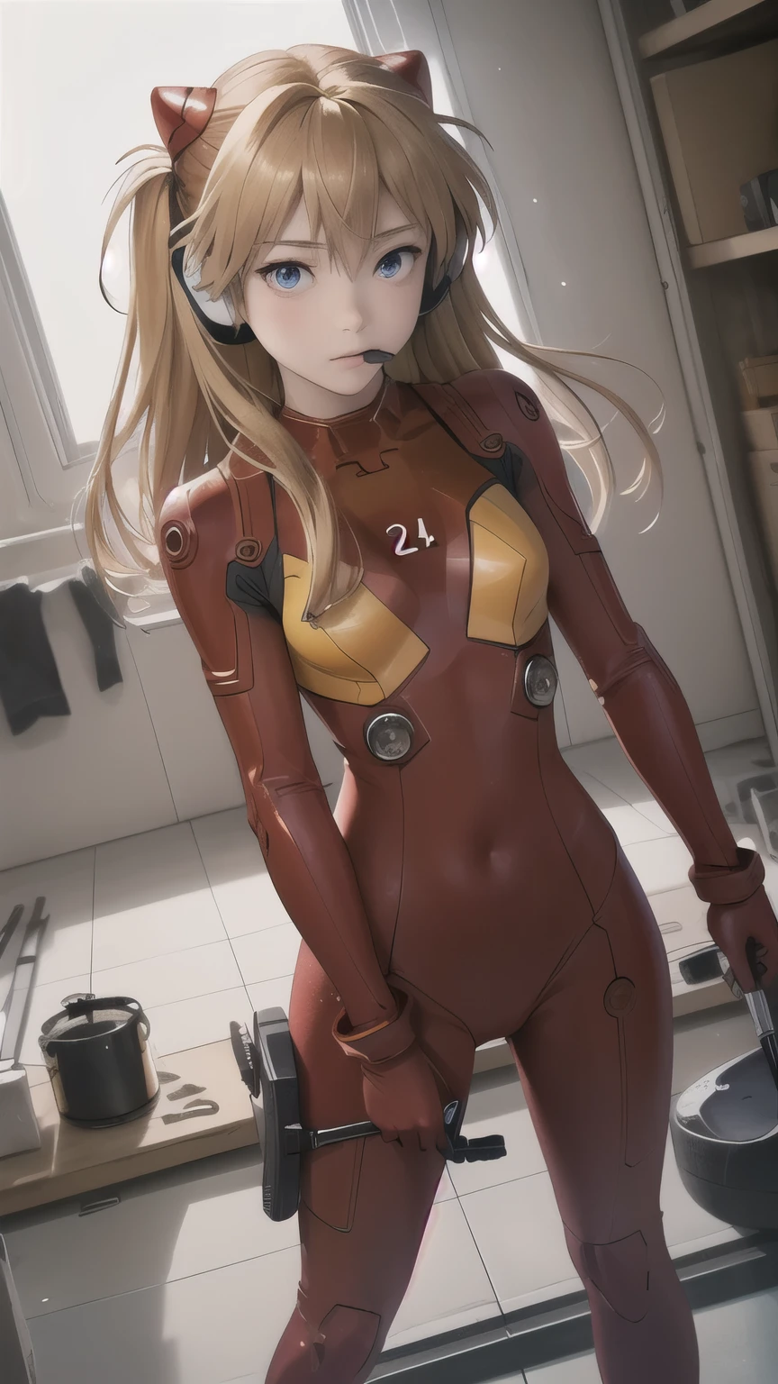 (俯瞰figure),Dynamic Angle,Very detailed, figure, close, Straight, One girl, 
 ((Soryu Asuka Langley, Interface Headset, Red bodysuit:1.4, blonde)),Her eyes shone like dream-like stars,(Glowing Eyes:1.233),(Beautiful and detailed:1.1),(Expressionless,Mouth closed),(Are standing), 
(In a white spaceship、Mechanic room with tools and spaceship window),
(night:1.2),dream-like, [[Delicate fingers and hands:0.55]::0.85],(Finger details),