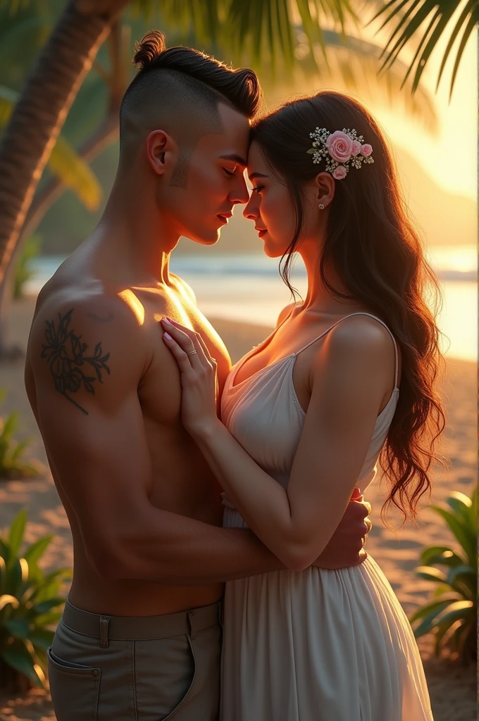 A beautiful Vietnamese girl with sexy breasts, detailed big breasts, detailed beautiful eyes, detailed beautiful lips, detailed long black hair, detailed eyes, extremely detailed face, long eyelashes, detailed eyelashes, intimate moment with boyfriend, girl leaning her head on man's shoulder, Vietnamese man boyfriend, bald head, short hair cut close to head, slightly tanned skin, oval man's face, man wearing glasses, country farm setting, rolling hills, golden sunlight, smooth bright skin, sexy pose, nude body, intimate romance, provocative, realistic, 8k, super detailed, masterpiece, dramatic lighting, warm color palette, raw image quality, high quality shots, clear net resolution