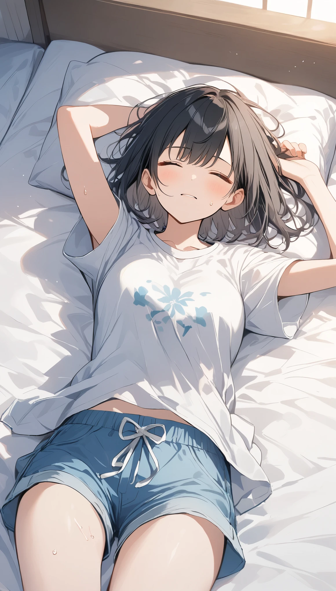 Dough、Thick Paint、Girl sleeping with a hangover、Pale face、Painful face、Groggy face,Black Hair、short hair、T-shirt、Shorts、１People Girls、On the bed,Sleep sweat